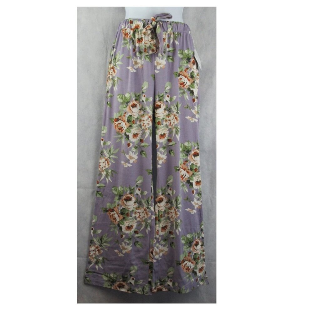 NWT Echo Women's 2-Piece Short Sleeve Wide Leg Pajama Set, Purple Floral - Picture 4 of 5